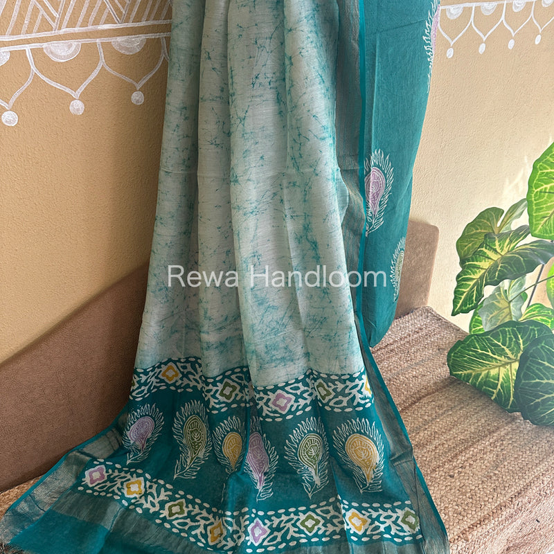 Maheshwari Rama Green Batik Tissue Printed Dress Material-BTP153