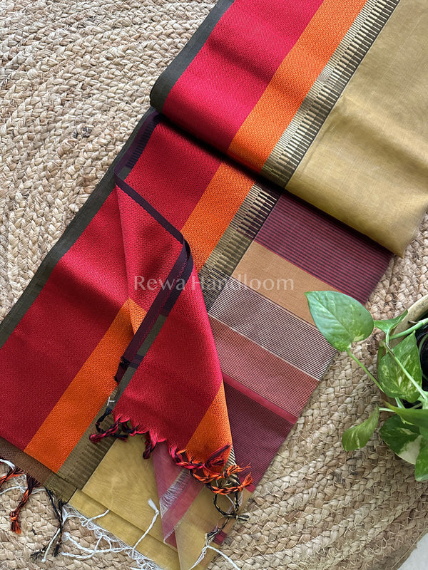 Maheshwari Sandal Multicolor Border Saree- MB03