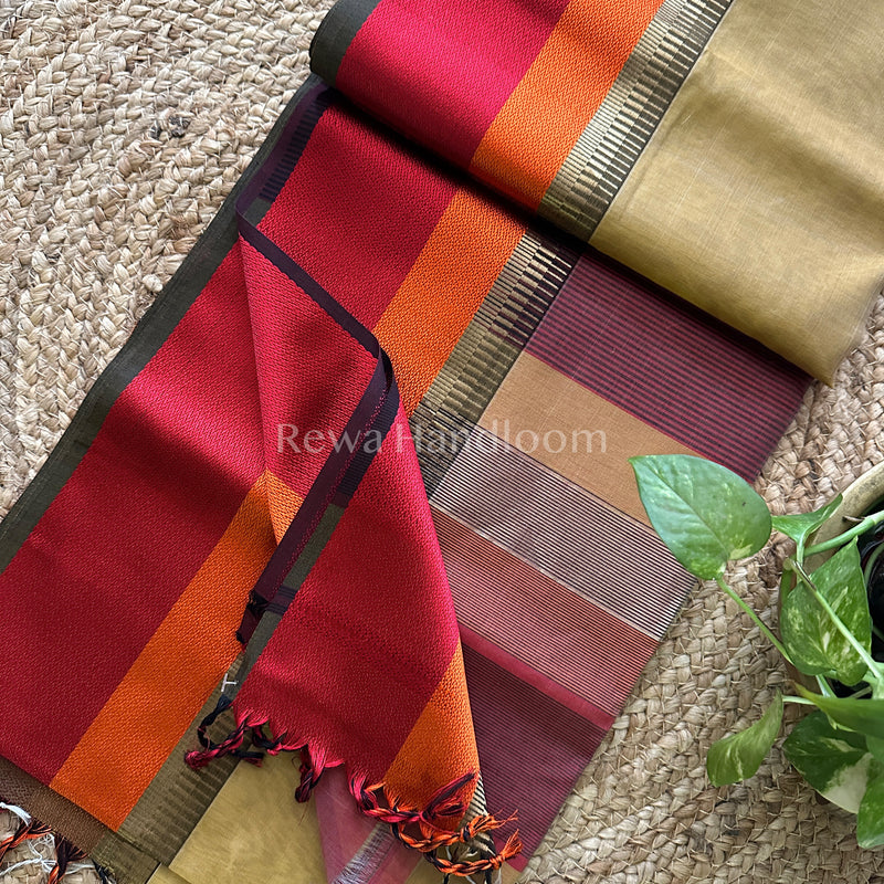 Maheshwari Sandal Multicolor Border Saree- MB03