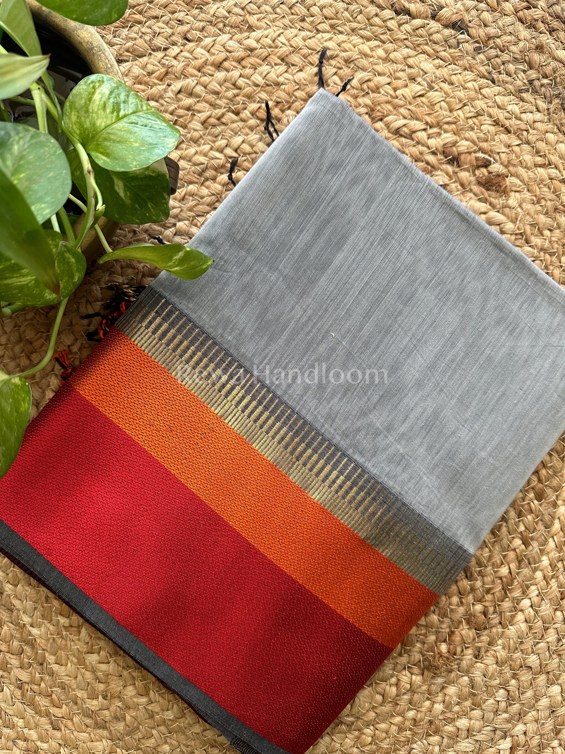 Maheshwari Grey Multicolor Border Saree- MB05