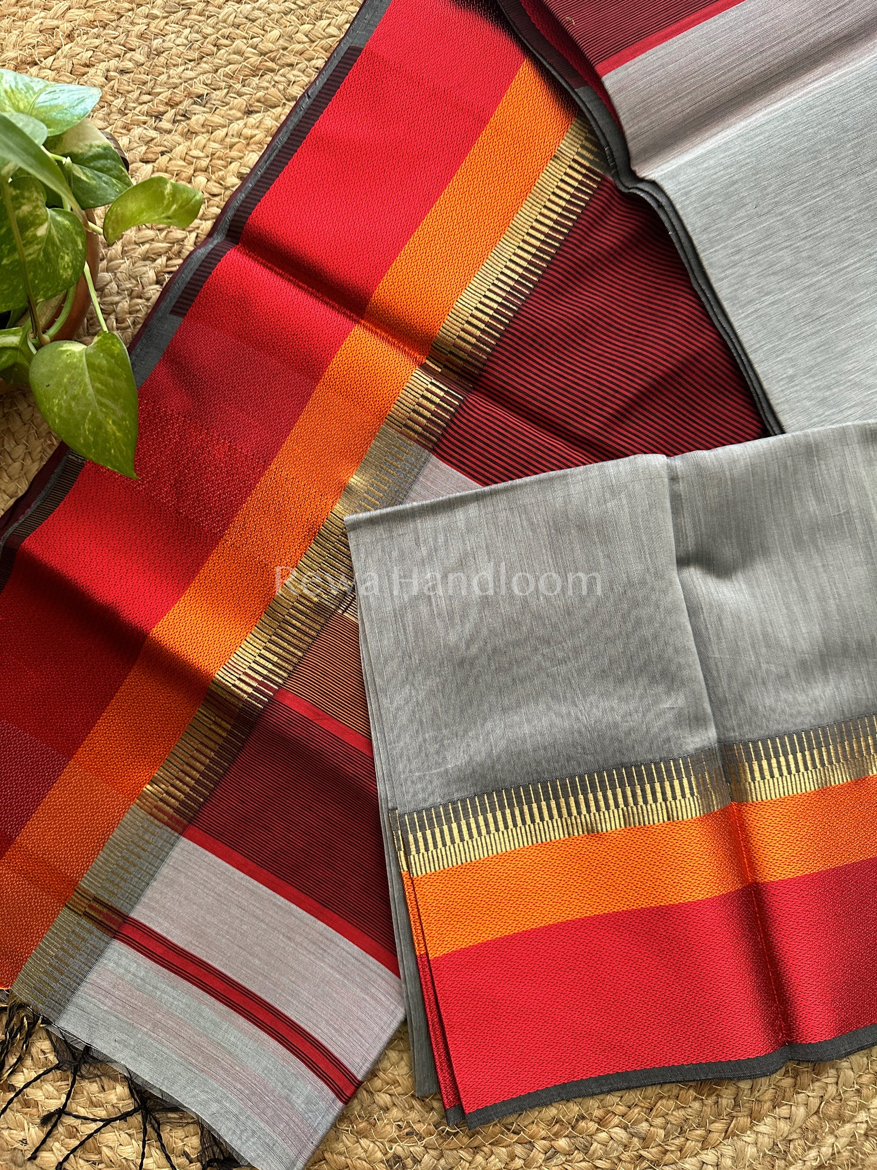 Maheshwari Grey Multicolor Border Saree- MB05