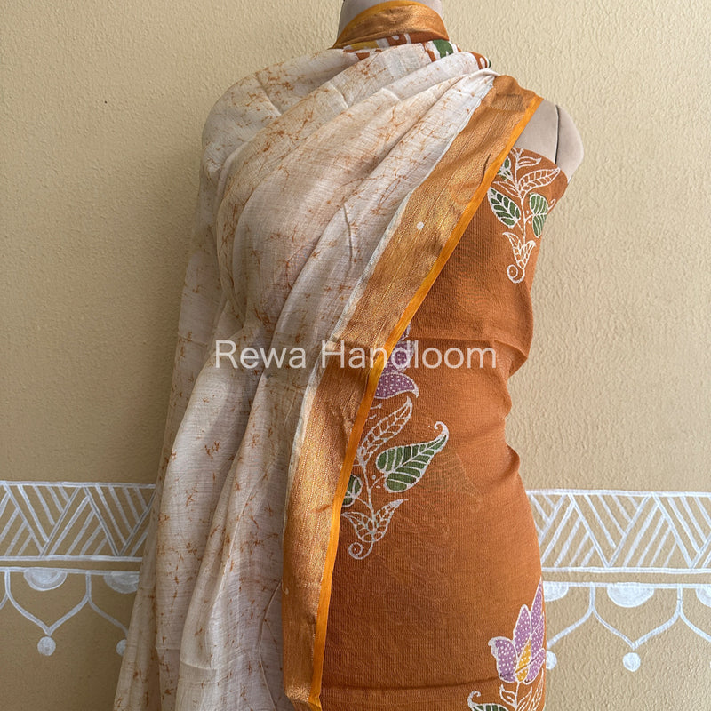 Maheshwari Golden Yellow Batik Tissue Printed Dress Material BTP158