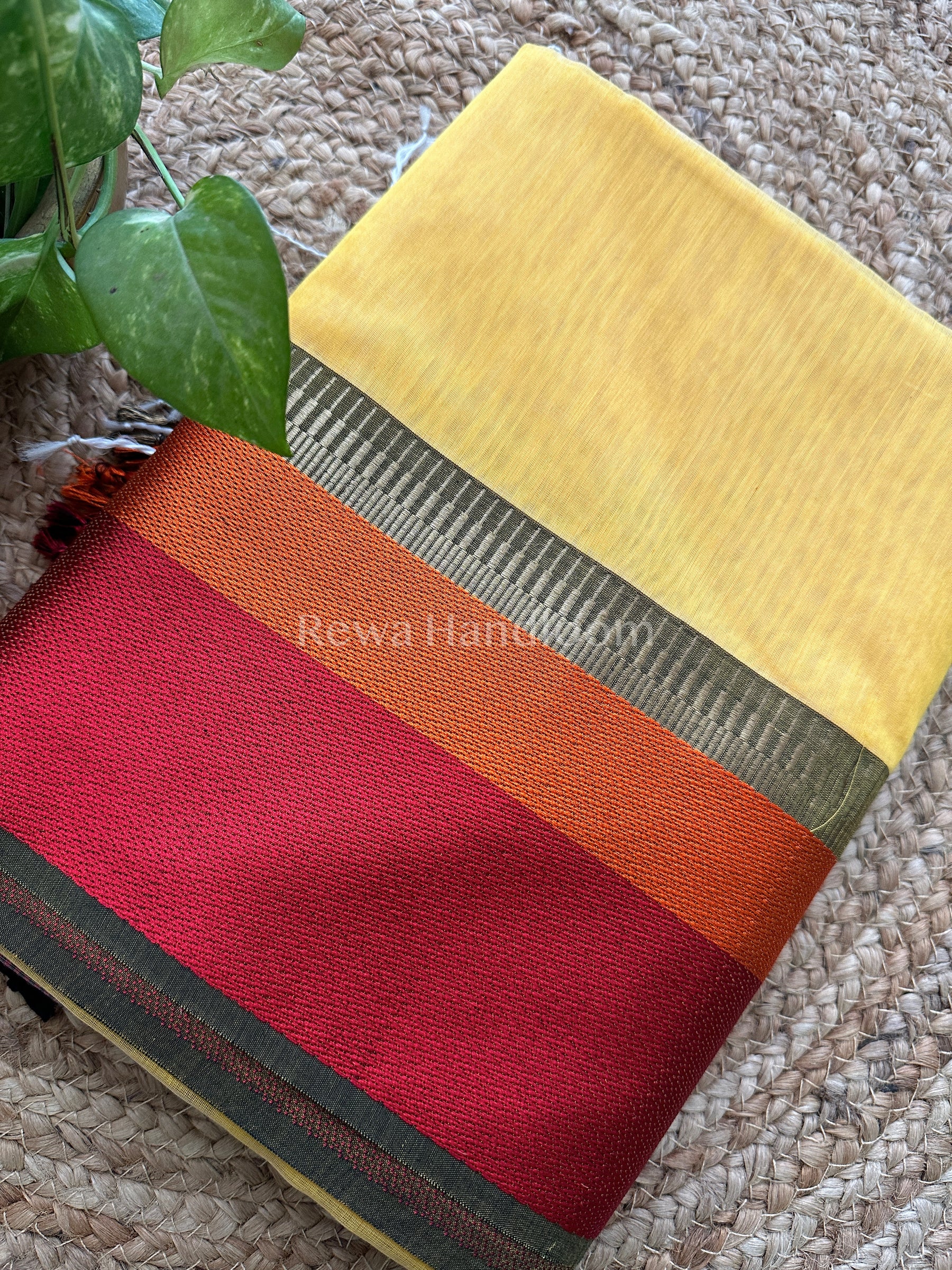 Maheshwari Yellow Multicolor Border Saree- MB06