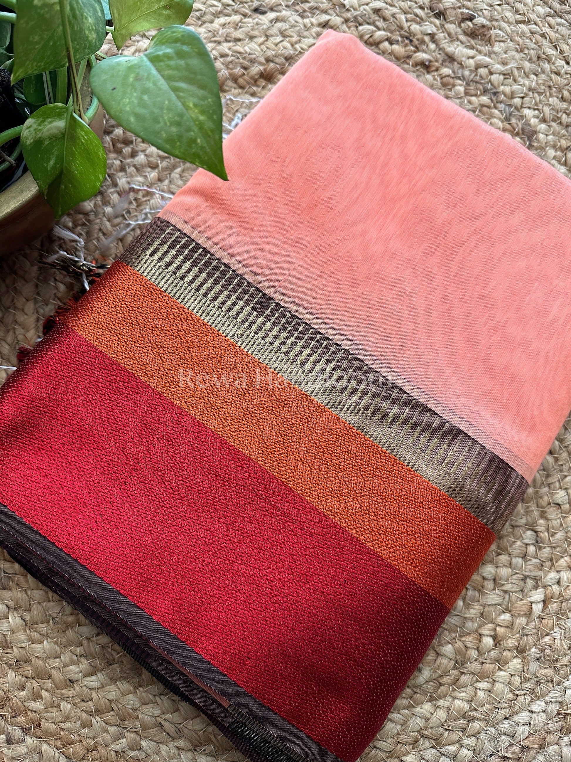 Maheshwari Peach Pink Multicolor Border Saree- MB07