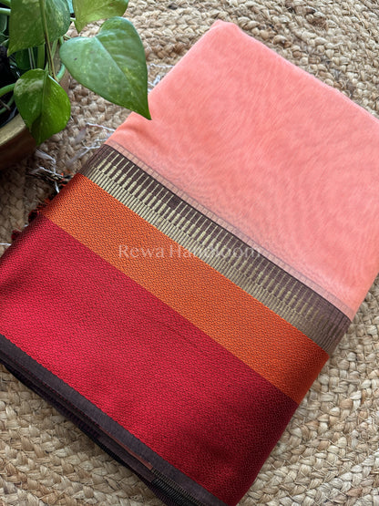 Maheshwari Peach Pink Multicolor Border Saree- MB07