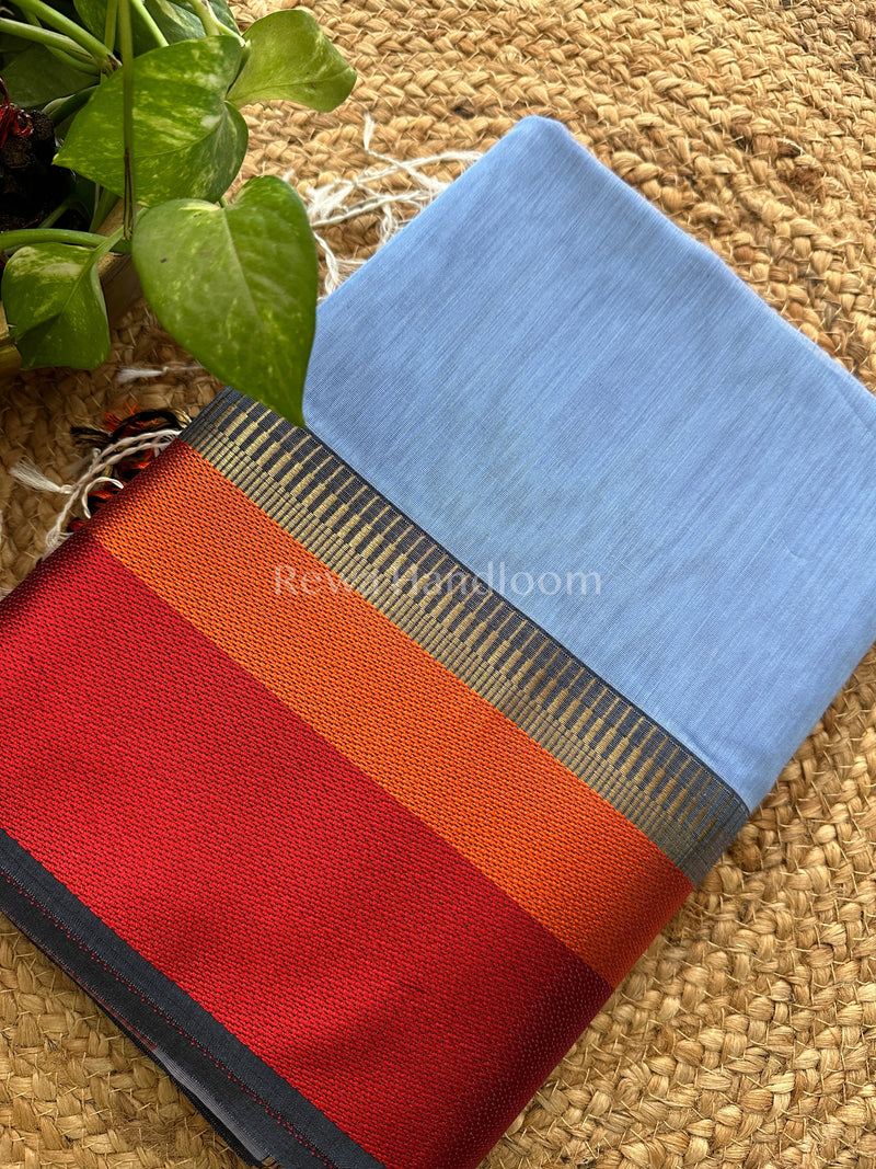 Maheshwari Blue Multicolor Border Saree- MB08