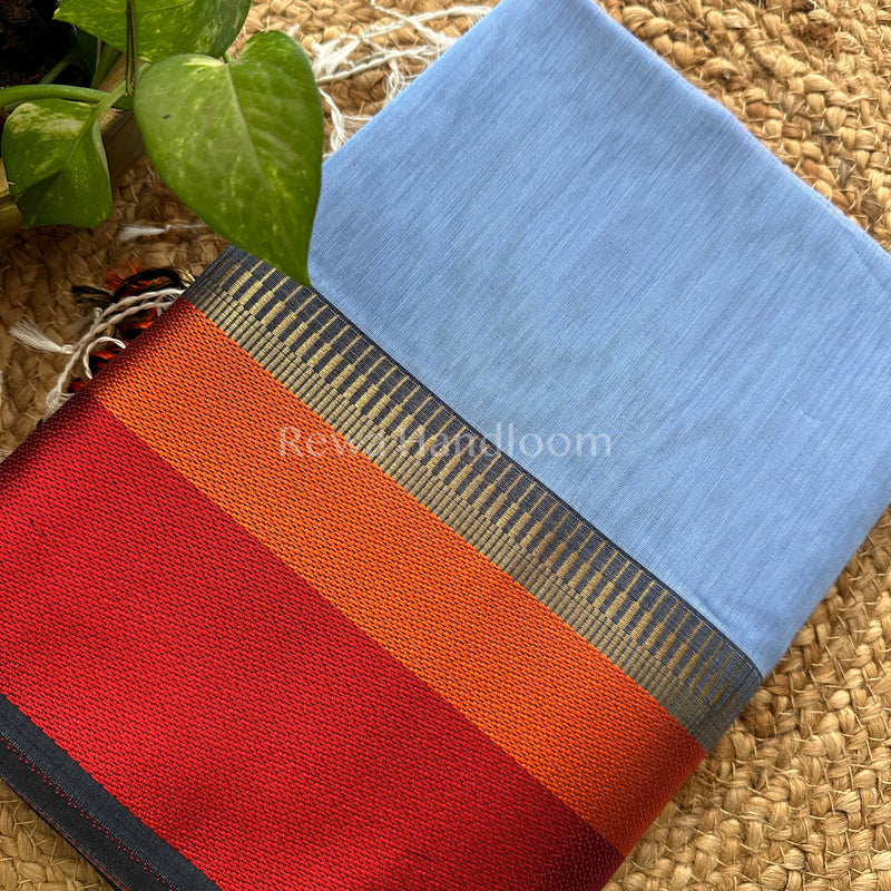 Maheshwari Blue Multicolor Border Saree- MB08