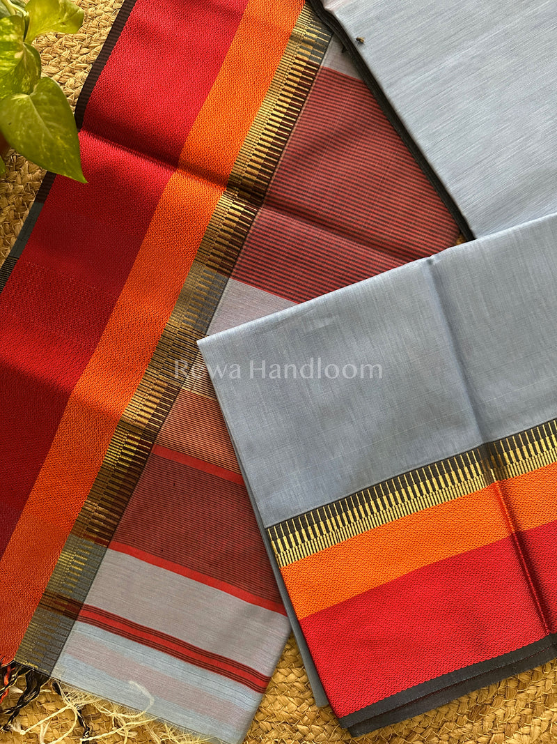 Maheshwari Blue Multicolor Border Saree- MB08