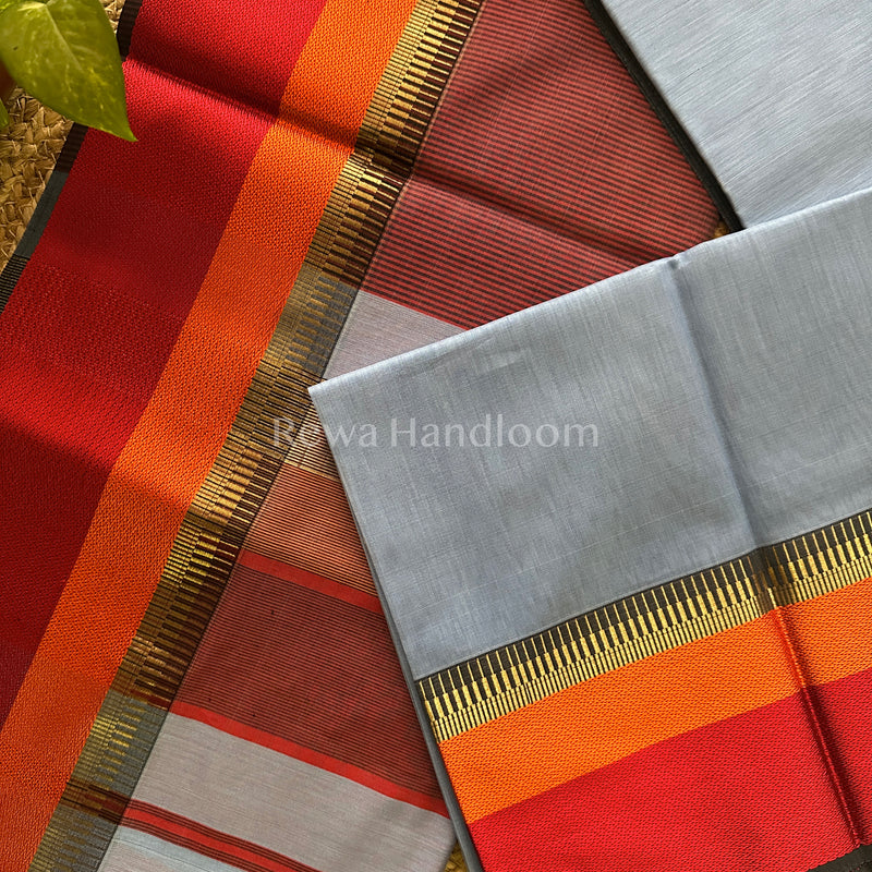 Maheshwari Blue Multicolor Border Saree- MB08