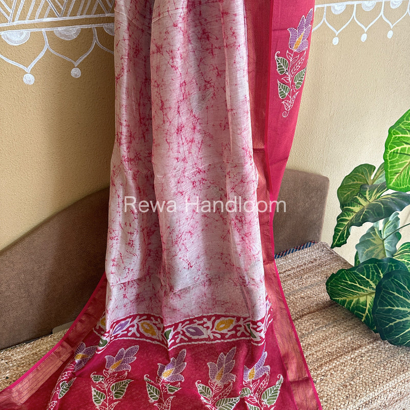 Maheshwari Rani Pink Batik Tissue Printed Dress Material BTP151