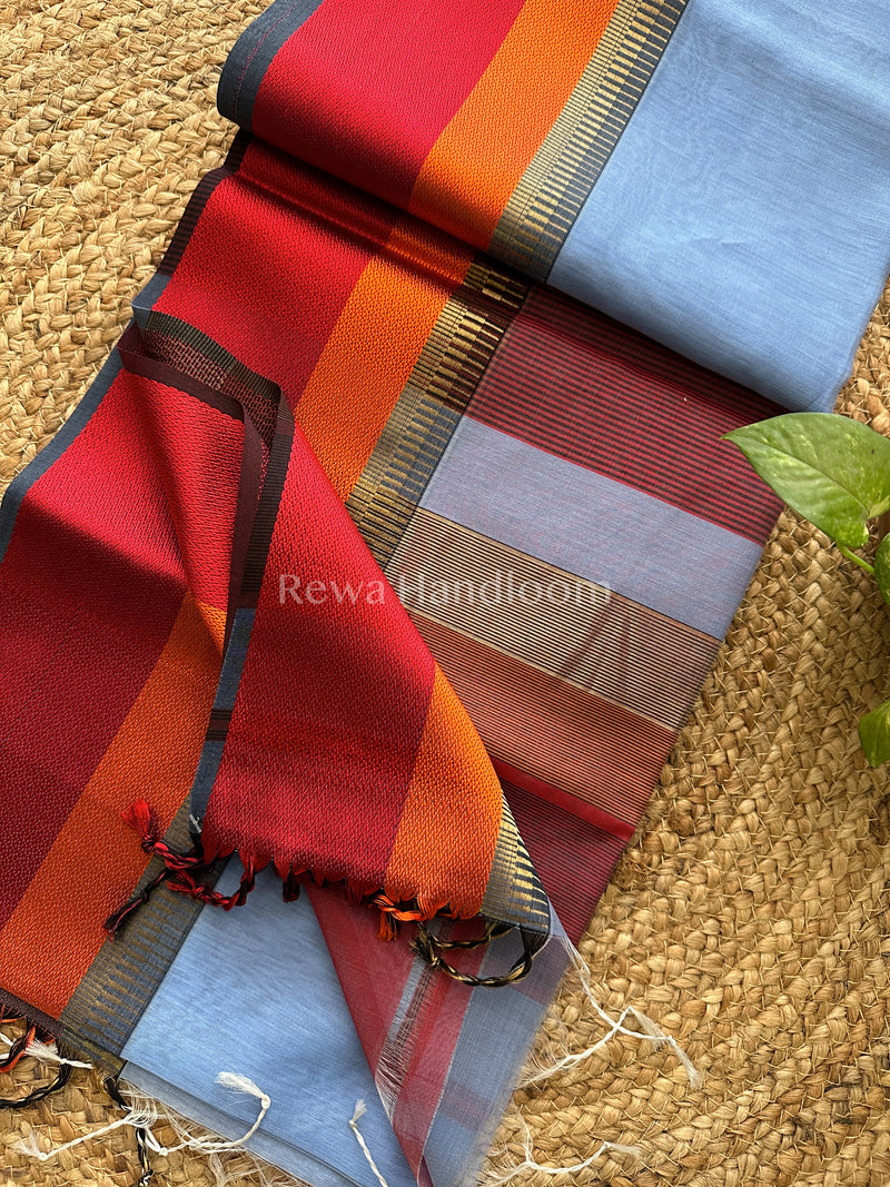 Maheshwari Blue Multicolor Border Saree- MB08