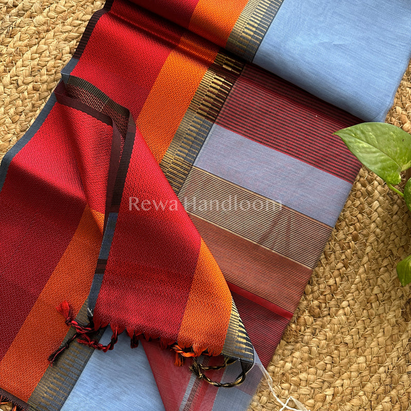 Maheshwari Blue Multicolor Border Saree- MB08