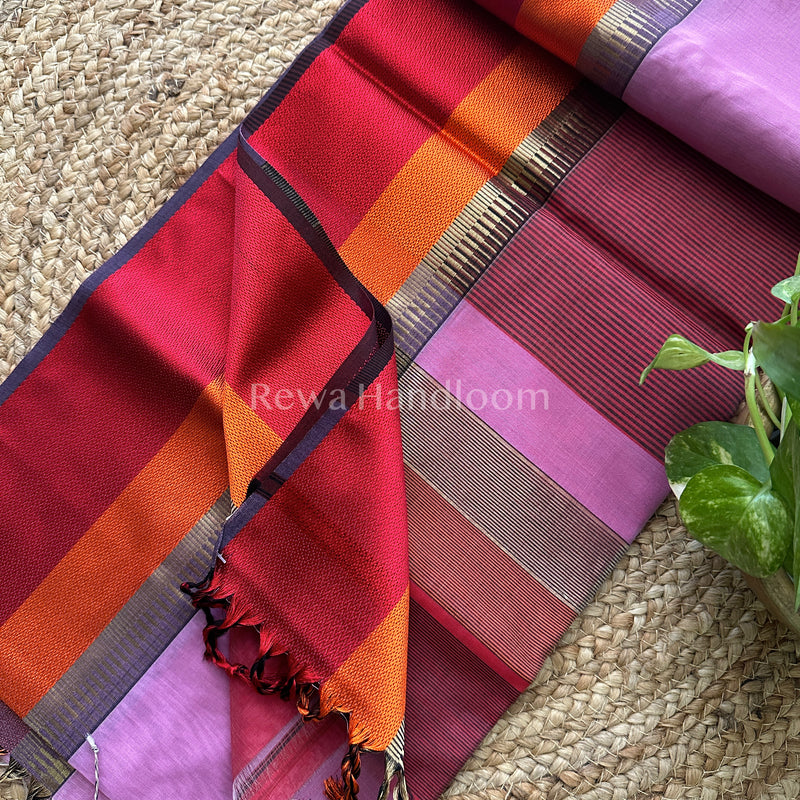Maheshwari Lavender Multicolor Border Saree- MB09