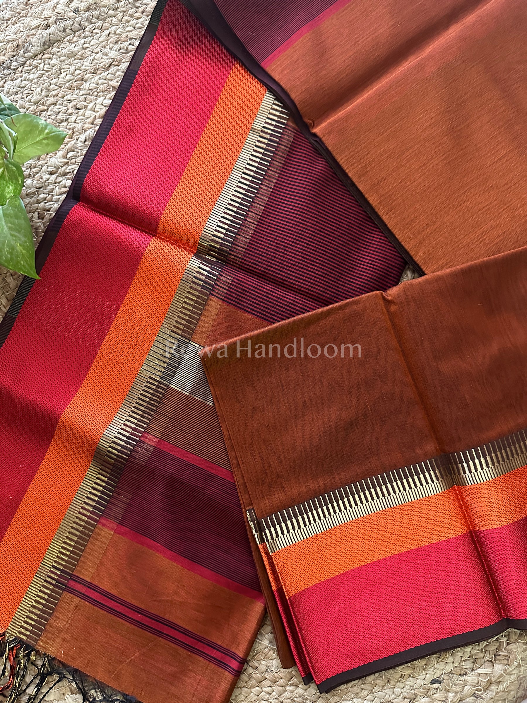 Maheshwari Rust Multicolor Border Saree- MB10