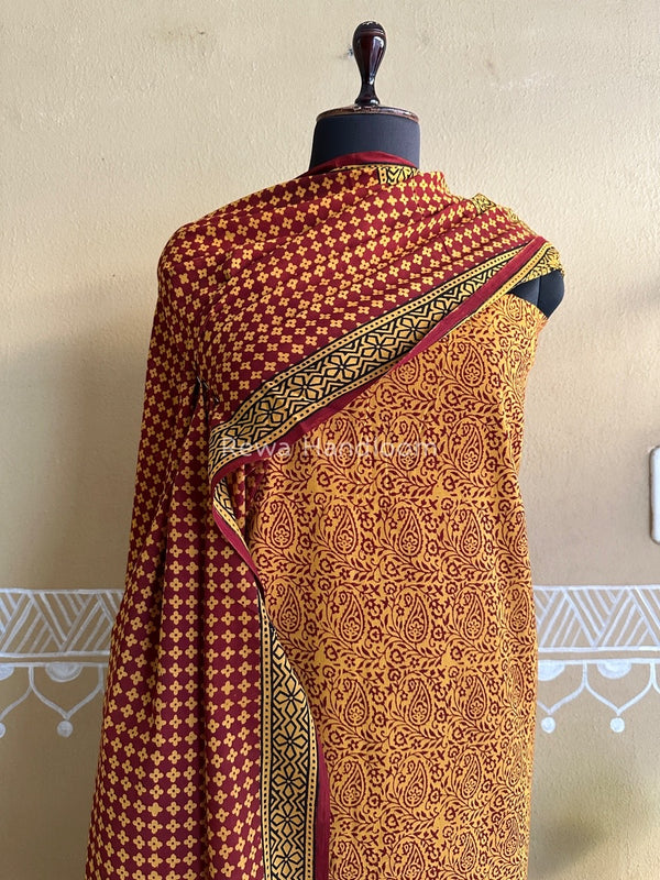 Mustard Yellow-Maroon Bagh Print Cotton Suit BCSP0104