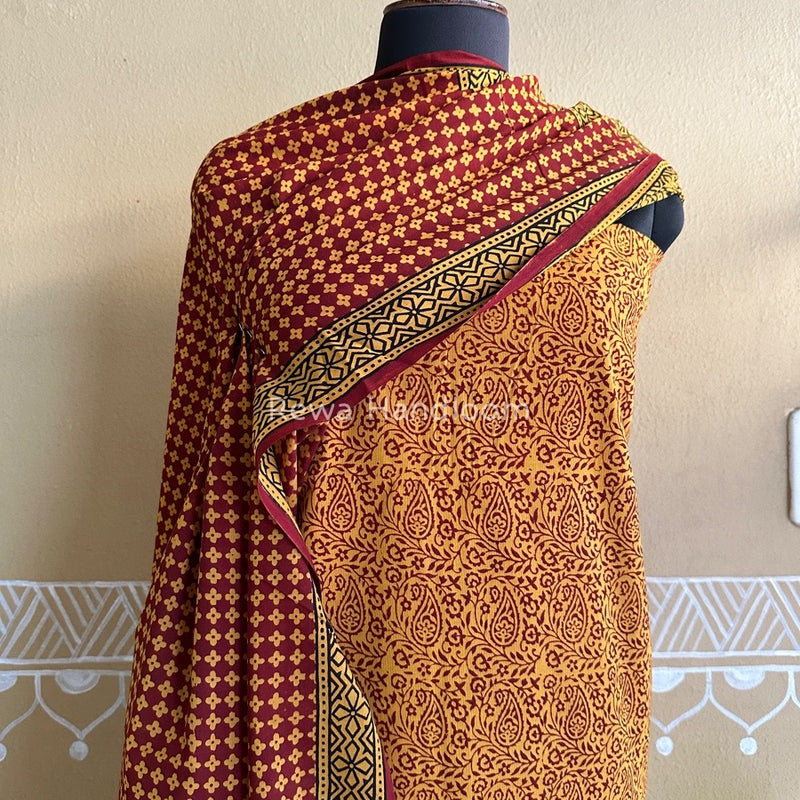 Mustard Yellow-Maroon Bagh Print Cotton Suit BCSP0104