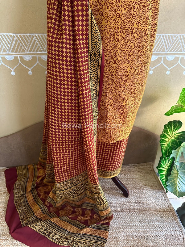 Mustard Yellow-Maroon Bagh Print Cotton Suit BCSP0104