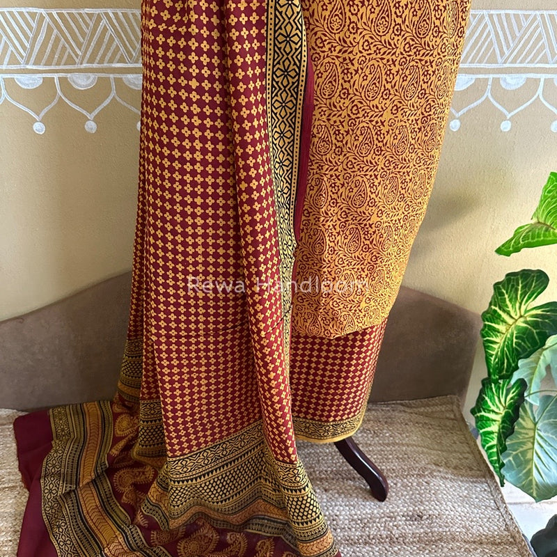Mustard Yellow-Maroon Bagh Print Cotton Suit BCSP0104