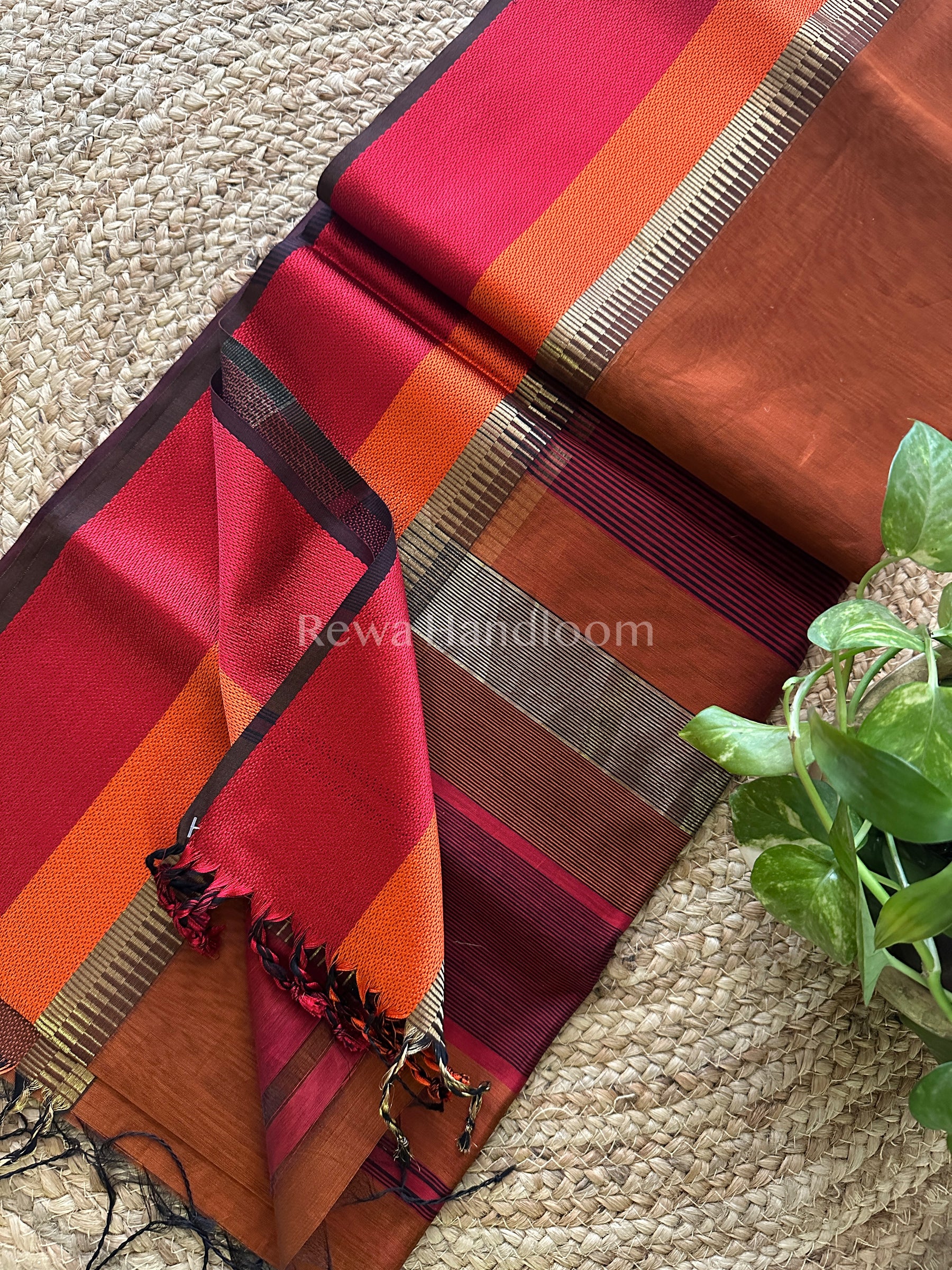 Maheshwari Rust Multicolor Border Saree- MB10