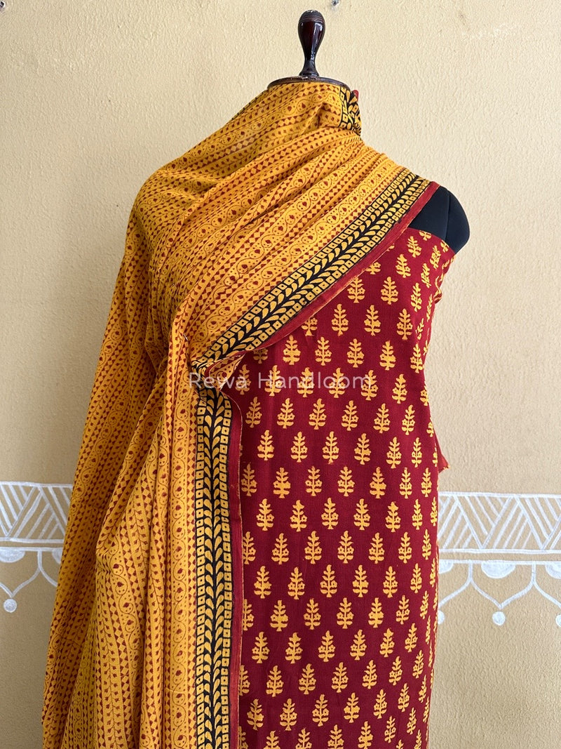 Maroon-Mustard Yellow Bagh Print Cotton Suit BCSP0121