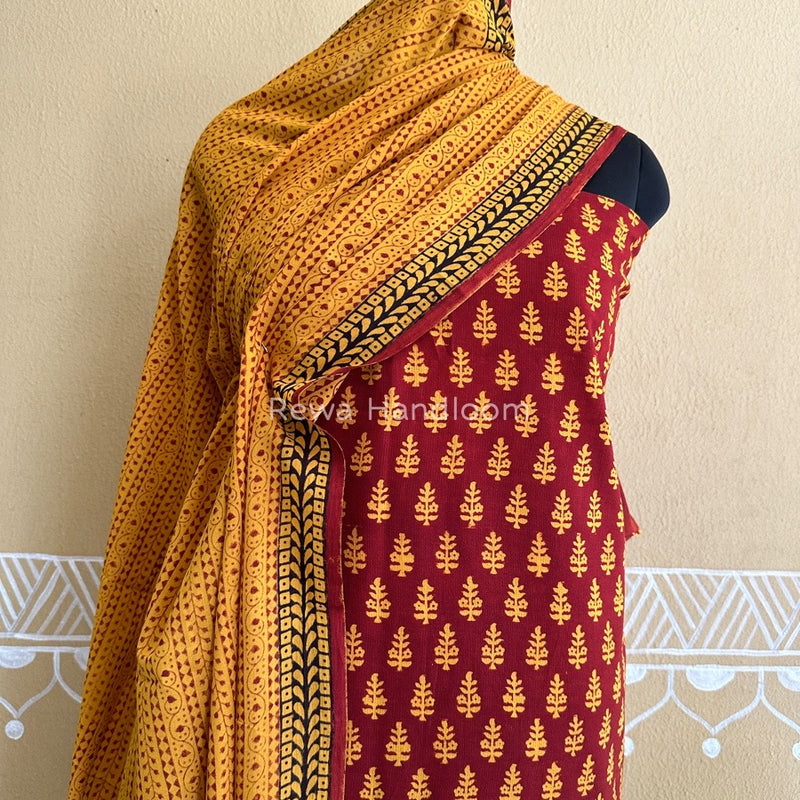 Maroon-Mustard Yellow Bagh Print Cotton Suit BCSP0121