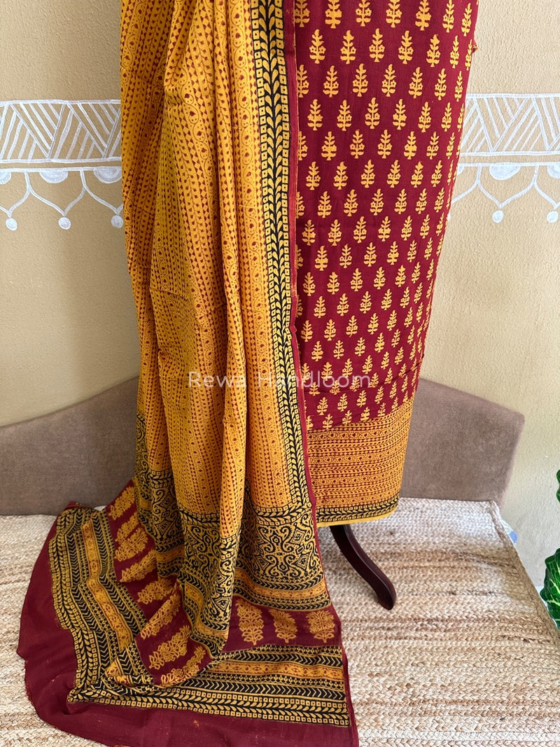 Maroon-Mustard Yellow Bagh Print Cotton Suit BCSP0121