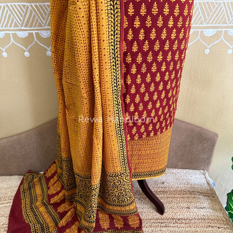 Maroon-Mustard Yellow Bagh Print Cotton Suit BCSP0121