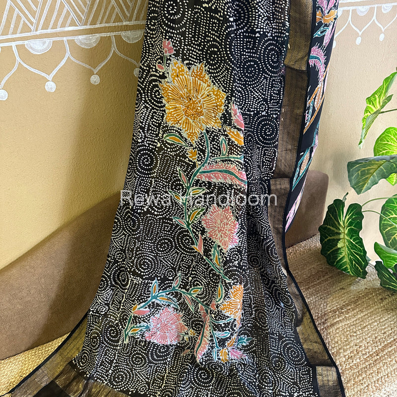 Maheshwari Black Batik Printed Dress Material BTP123
