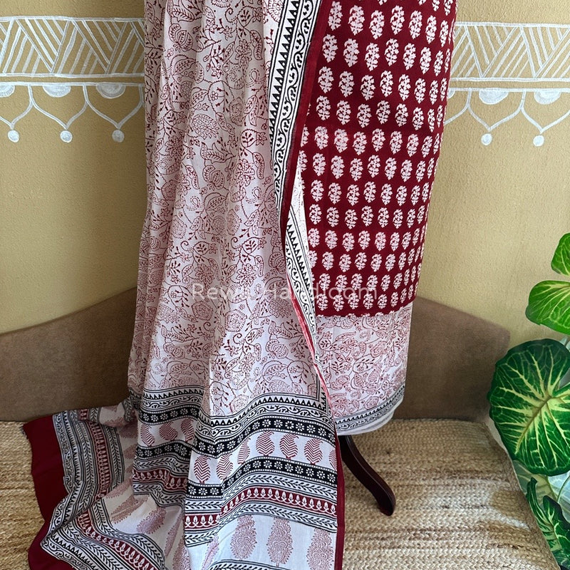 Maroon-White Bagh Print Cotton Suit BCSP0116