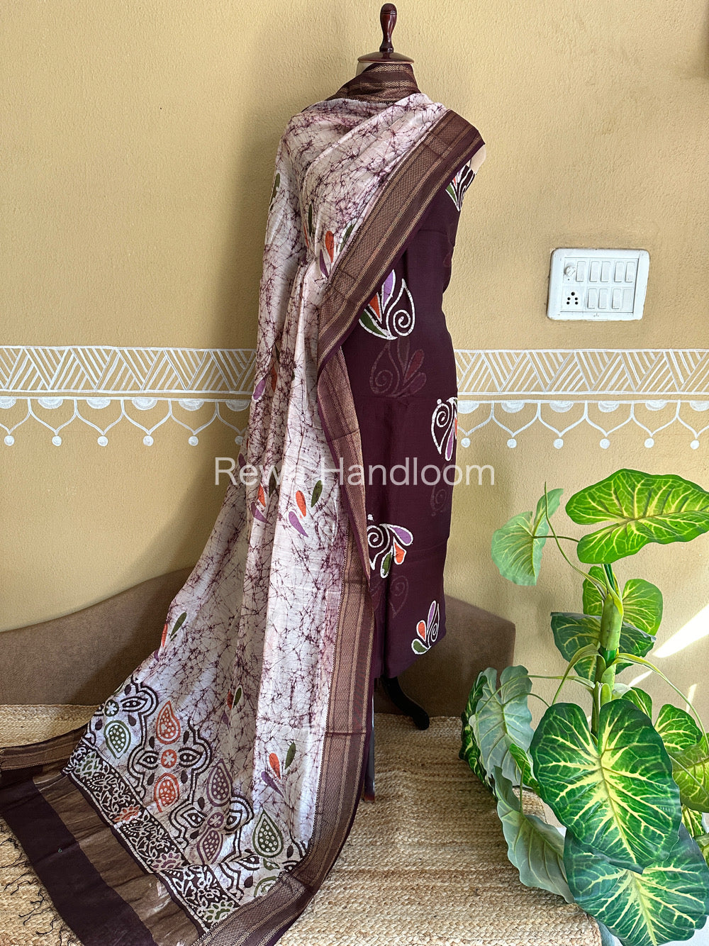 Maheshwari Dark Brown Batik Printed Dress Material-BTP105