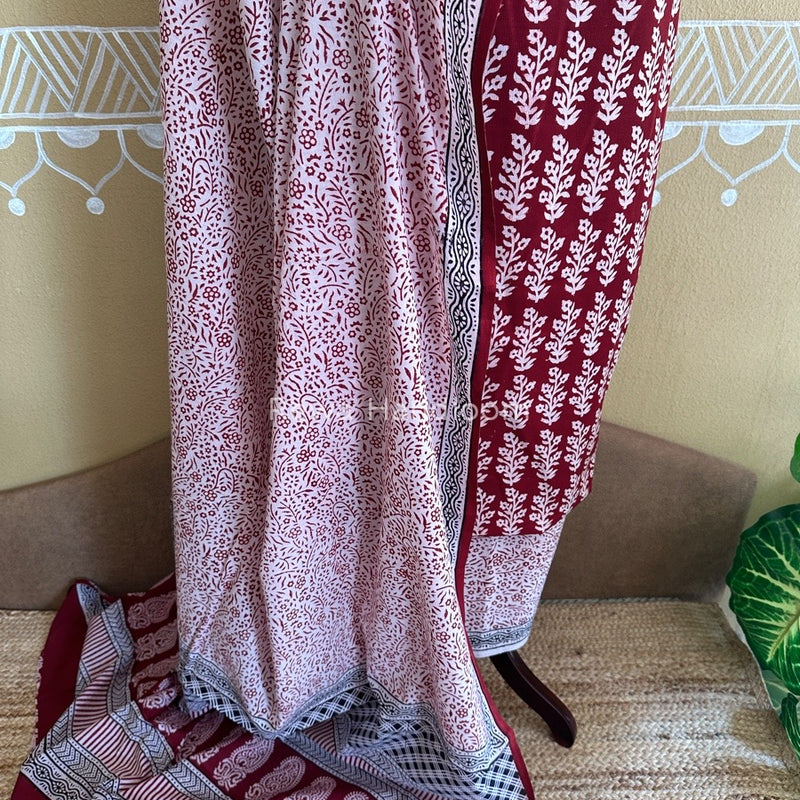 Maroon-White Bagh Print Cotton Suit BCSP0117