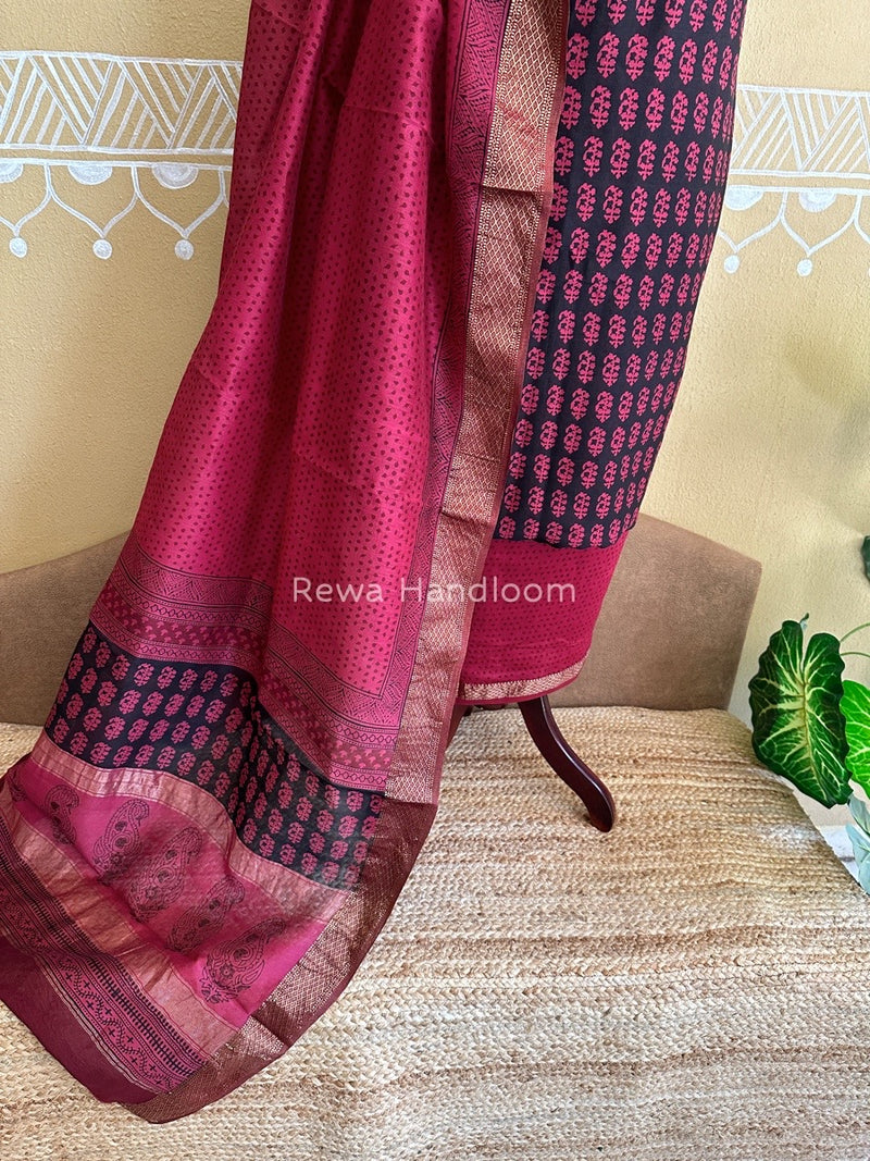 Maheshwari Black-Rani Pink Bagh Print Suit BSP0110