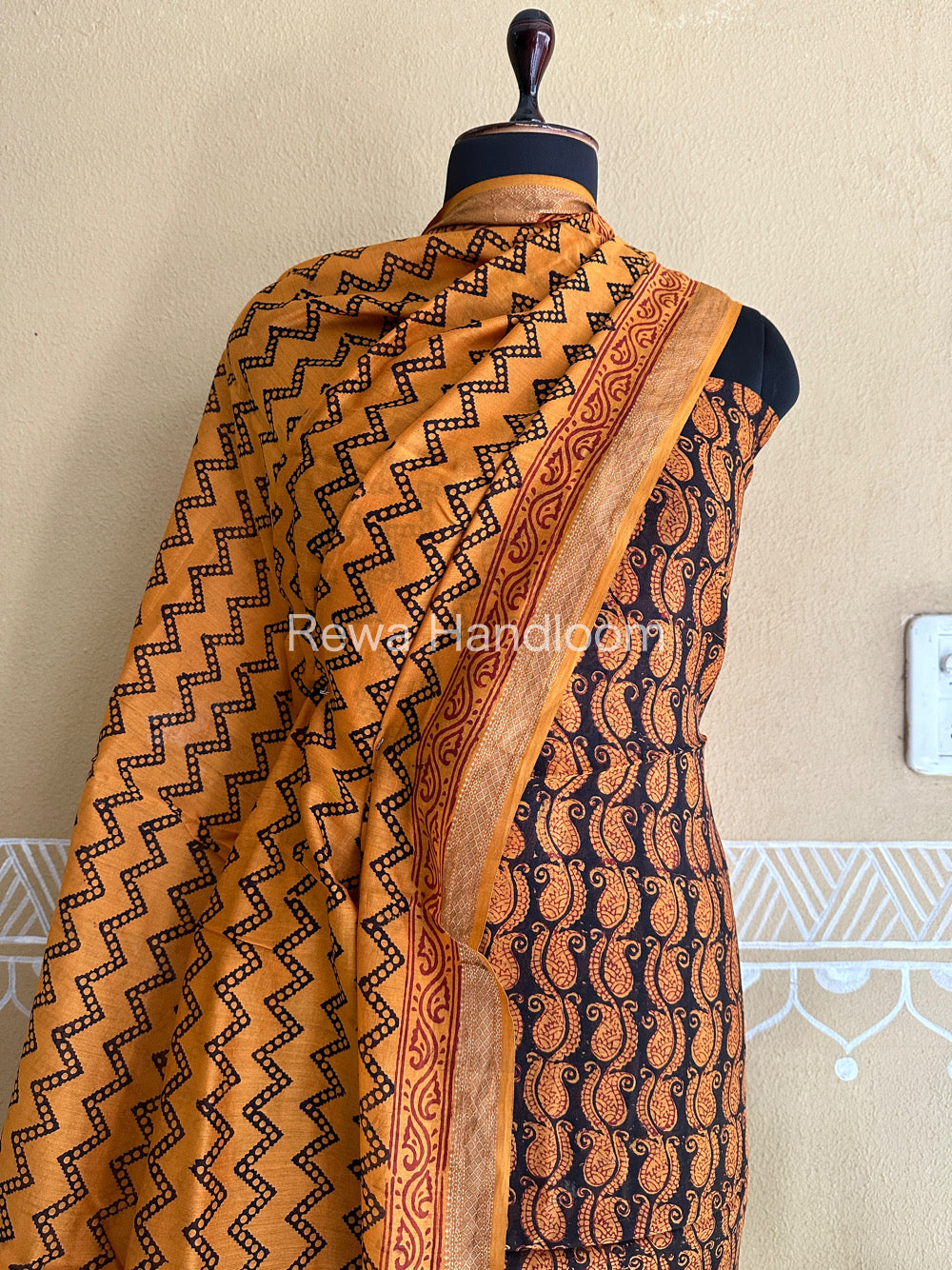 Maheshwari Mustard Yellow-Black Bagh Print Suit BSP103