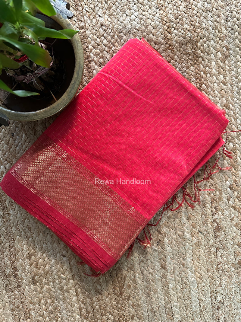 Maheshwari Carrot Red Zari Checks Saree ZCHX499