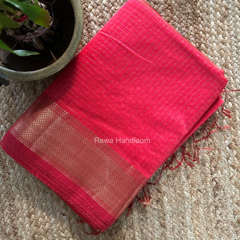 Maheshwari Carrot Red Zari Checks Saree ZCHX499