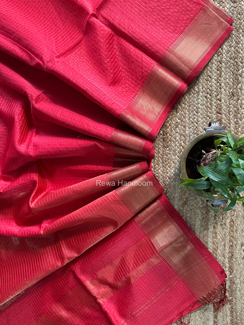 Maheshwari Carrot Red Zari Checks Saree ZCHX499
