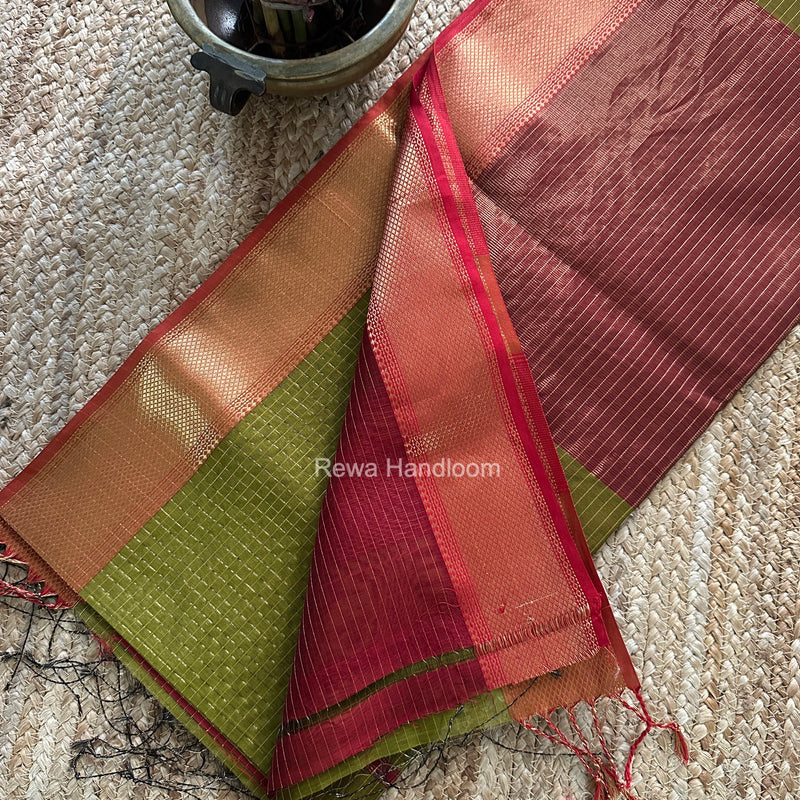 Maheshwari Mehendi Green Zari Checks Saree ZCHX508