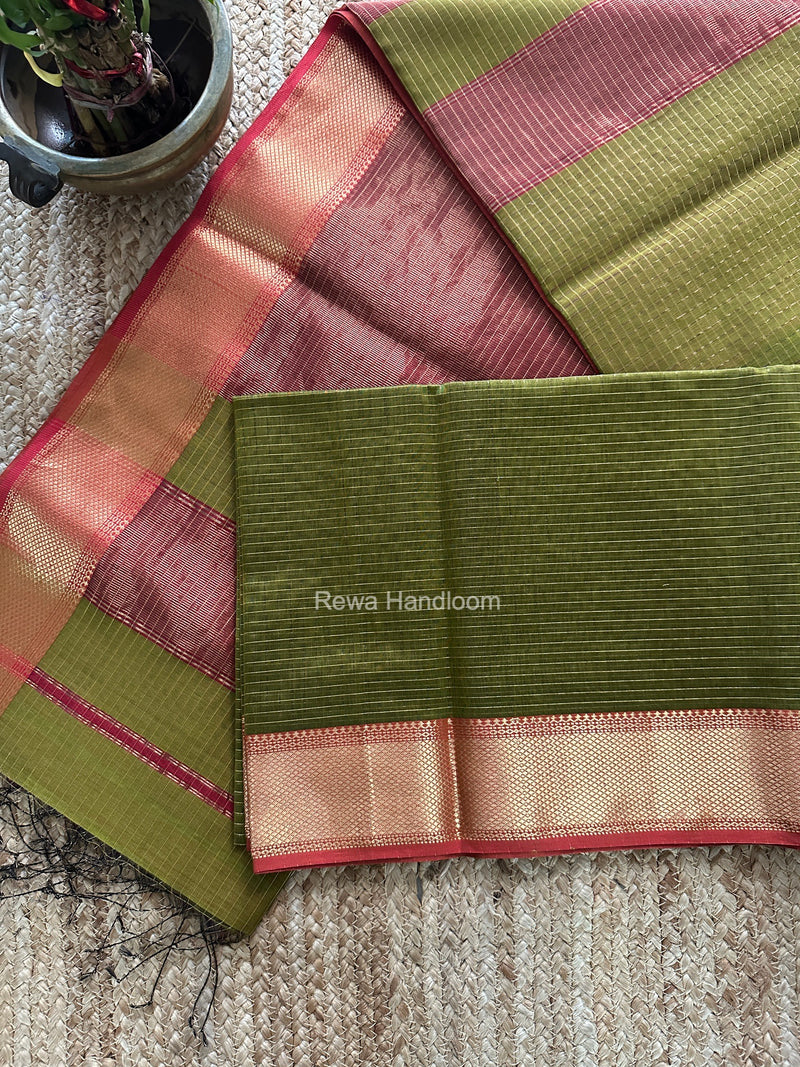 Maheshwari Mehendi Green Zari Checks Saree ZCHX508