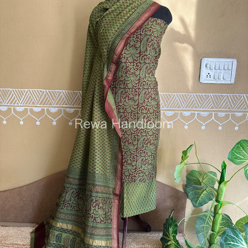 Maheshwari Maroon-Green Bagh Print Suit- BSP027