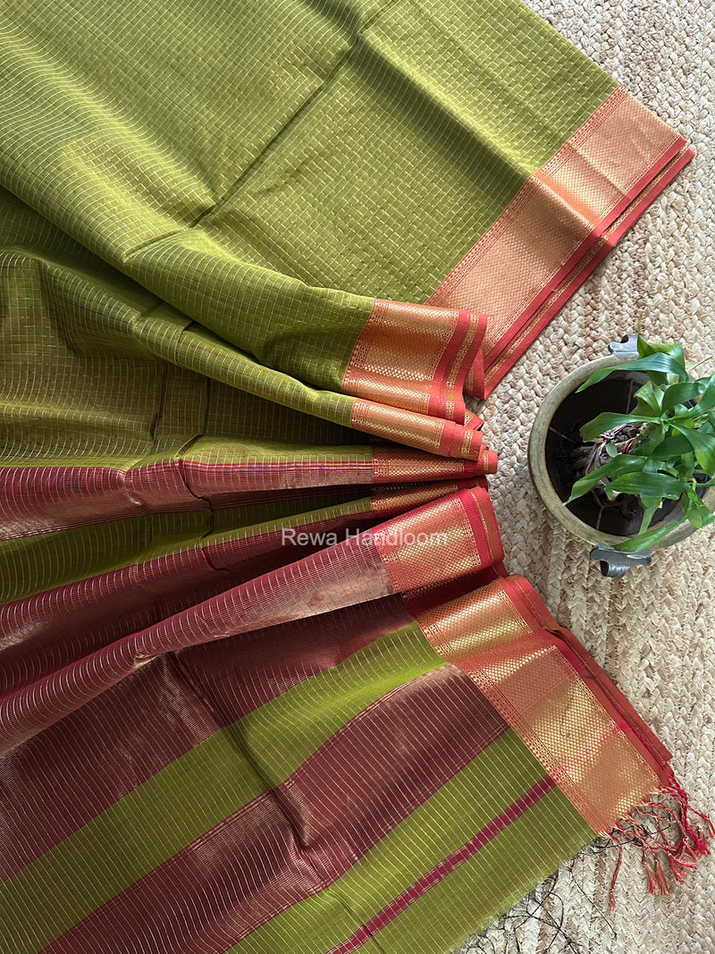 Maheshwari Mehendi Green Zari Checks Saree ZCHX508