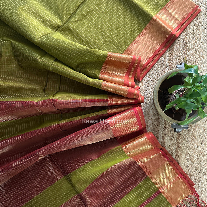 Maheshwari Mehendi Green Zari Checks Saree ZCHX508