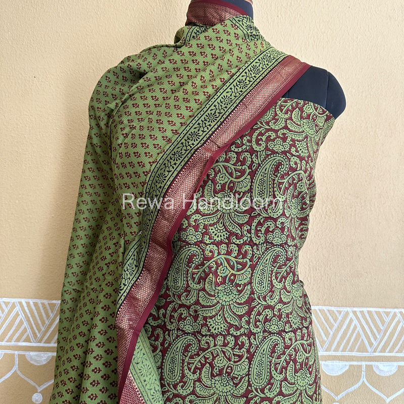 Maheshwari Maroon-Green Bagh Print Suit- BSP027