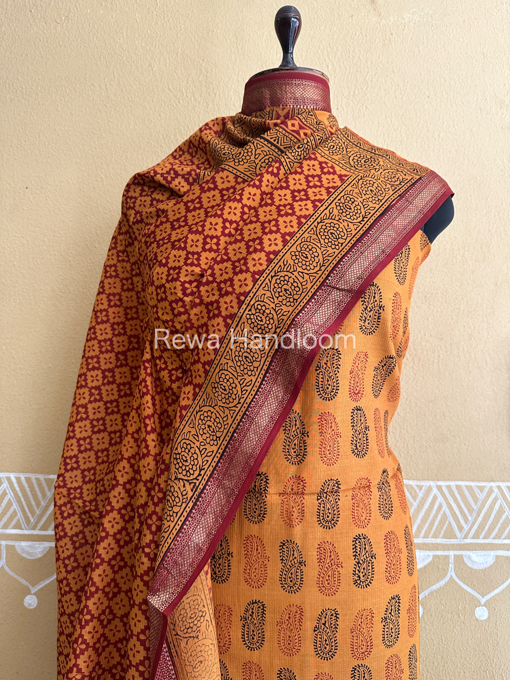 Maheshwari Golden Yellow-Maroon Bagh Print Suit BSP033