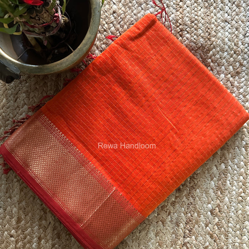 Maheshwari Orange Zari Checks Saree ZCHX506