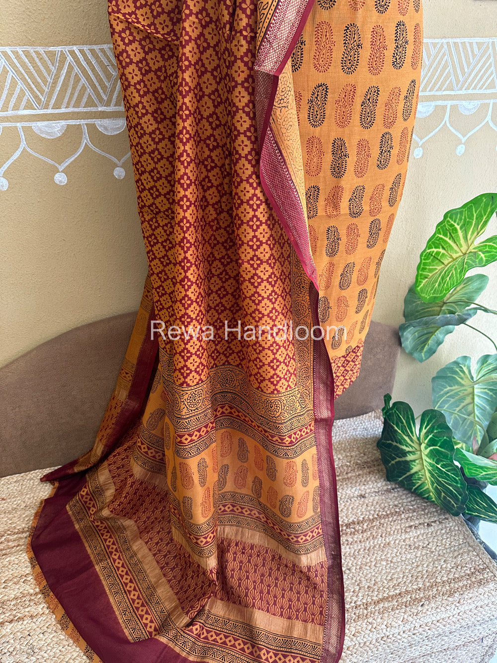 Maheshwari Golden Yellow-Maroon Bagh Print Suit- BSP033