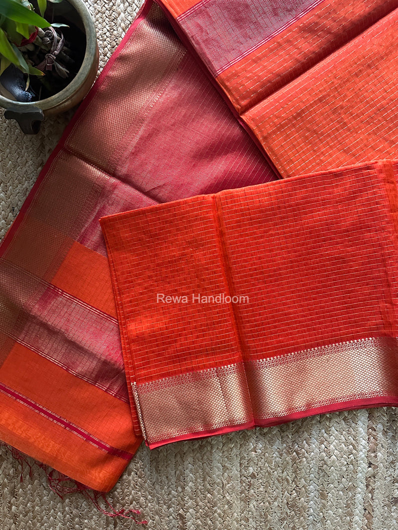 Maheshwari Orange Zari Checks Saree ZCHX506