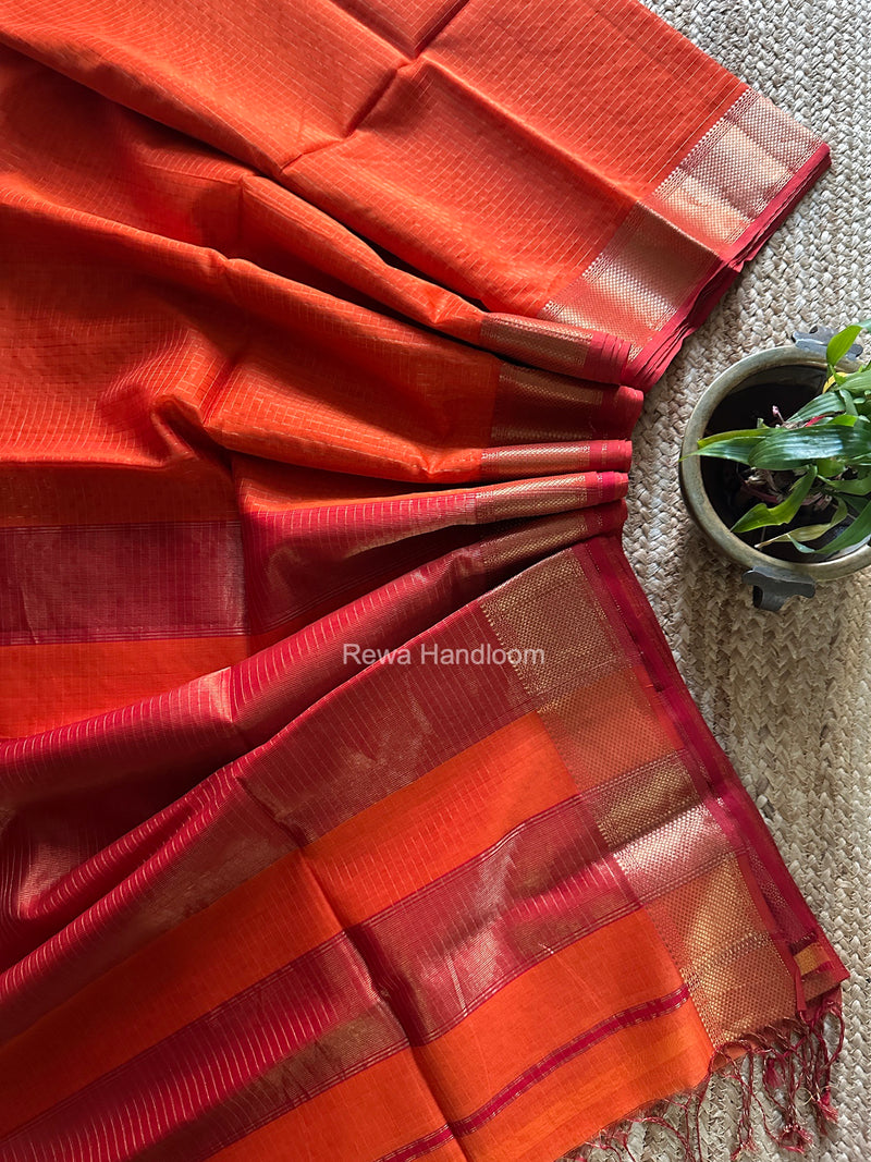 Maheshwari Orange Zari Checks Saree ZCHX506