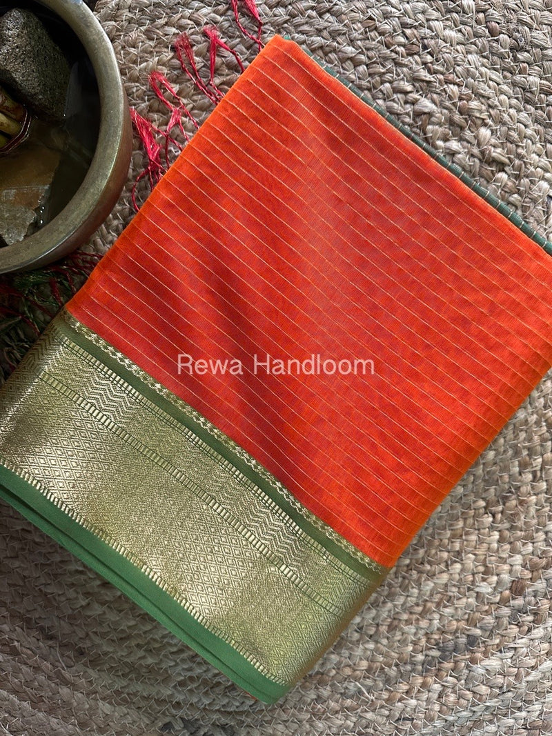 Maheshwari Orange Zari Linning Saree GL064