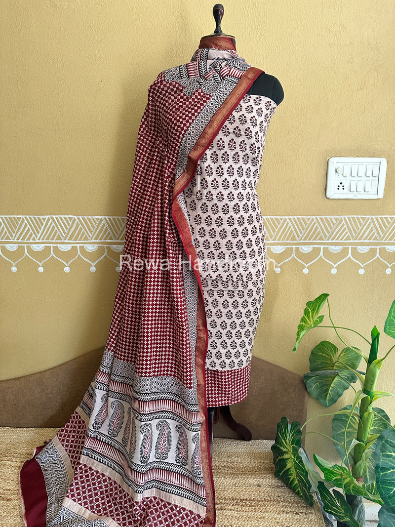 Maheshwari White-Maroon Bagh Print Suit BSP053