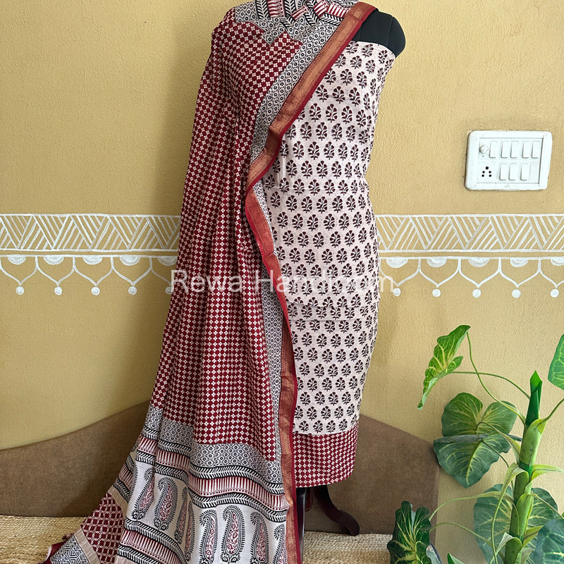 Maheshwari White-Maroon Bagh Print Suit BSP053